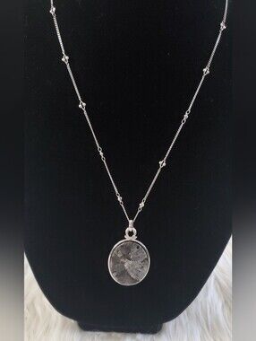 ​WHBM Silver Tone Black Gray Natural Stone Oval Pendant Long Necklace